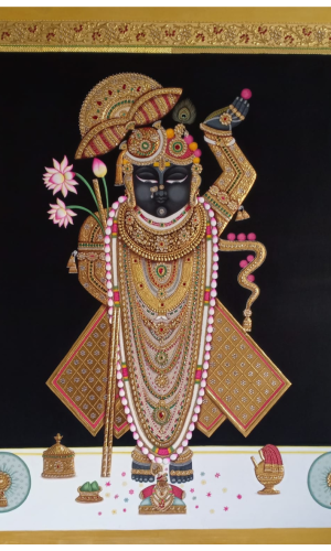 Shrinathji with Lotus - real gold work on canvas