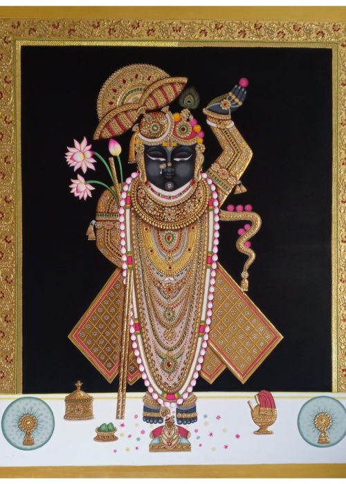 Shrinathji with Lotus - real gold work on canvas