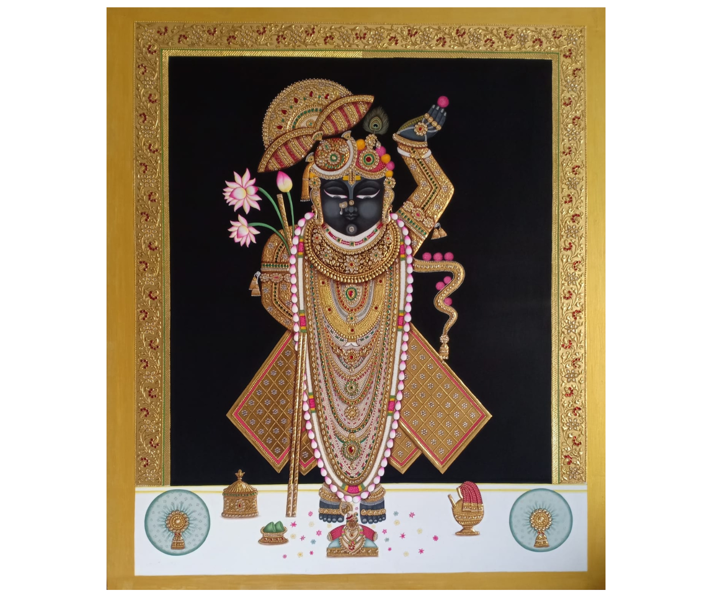 Shrinathji with Lotus - real gold work on canvas